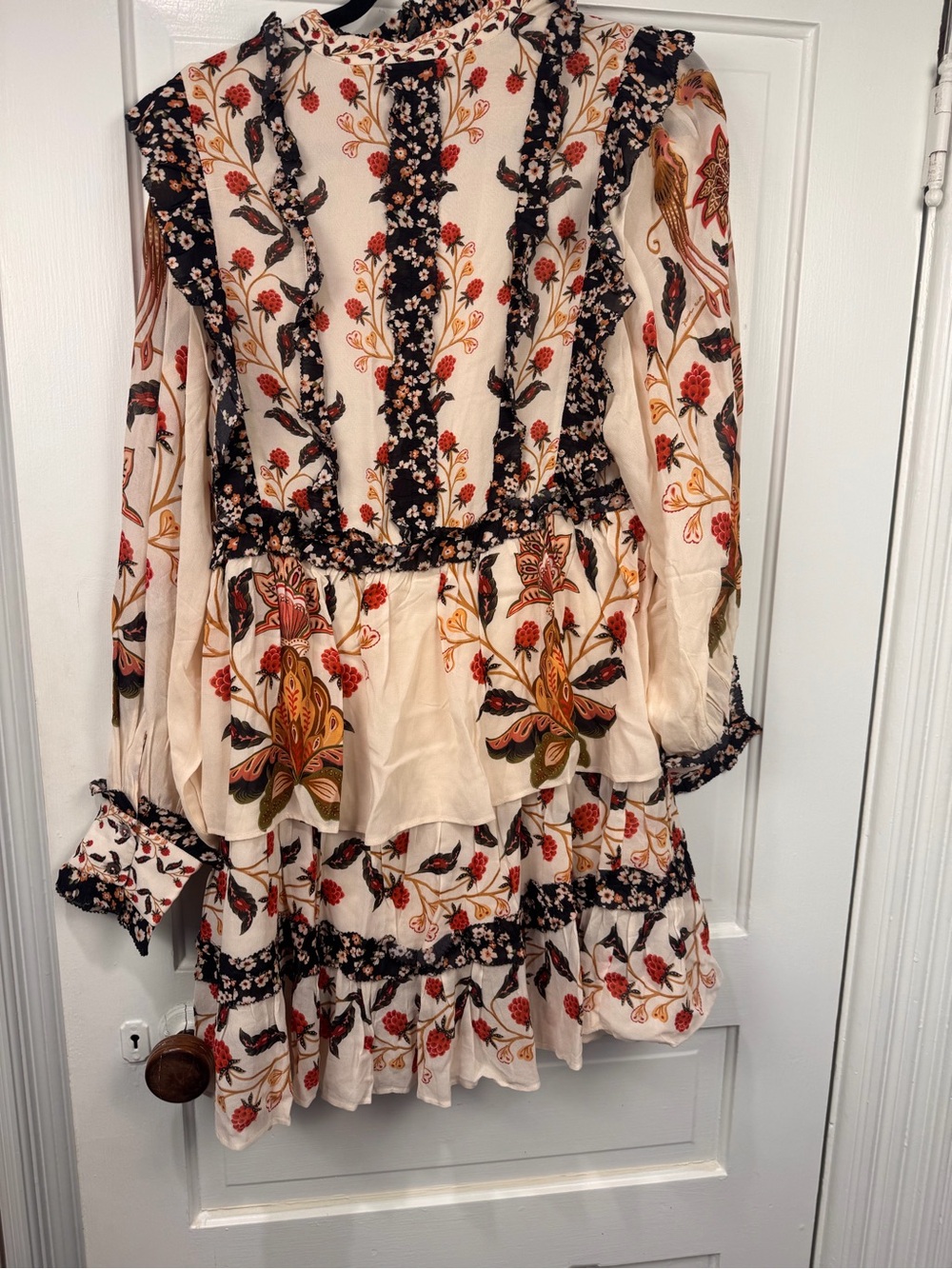 FARM Rio Cream Floral Tiered Long Sleeve Dress with Black Trim - Picture 3 of 3